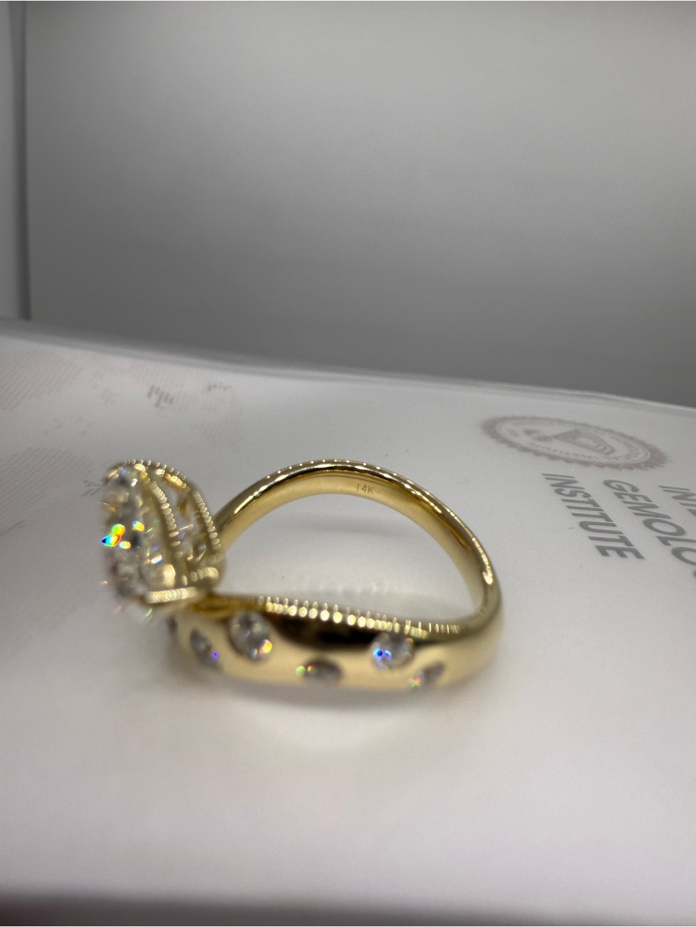 3.07 carat F VS1 pear east west with polka dot band diamond engagement ring - Picture 8 of 12